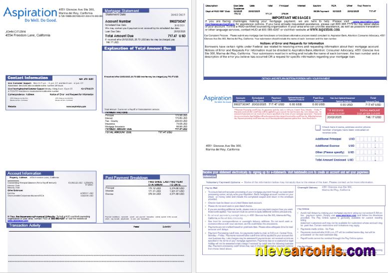 USA Aspiration bank mortgage statement, 3 pages 1-2